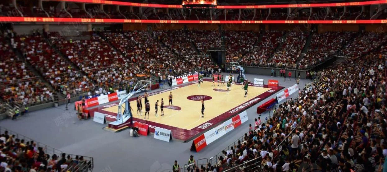 Portable basketball floor in an indoor arena
