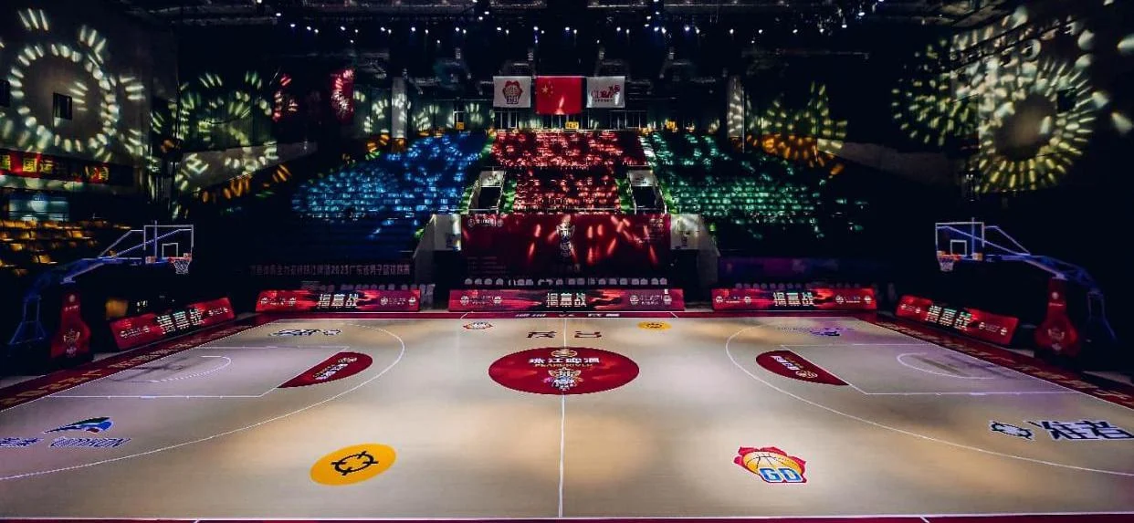 Portable court prepared for a basketball event