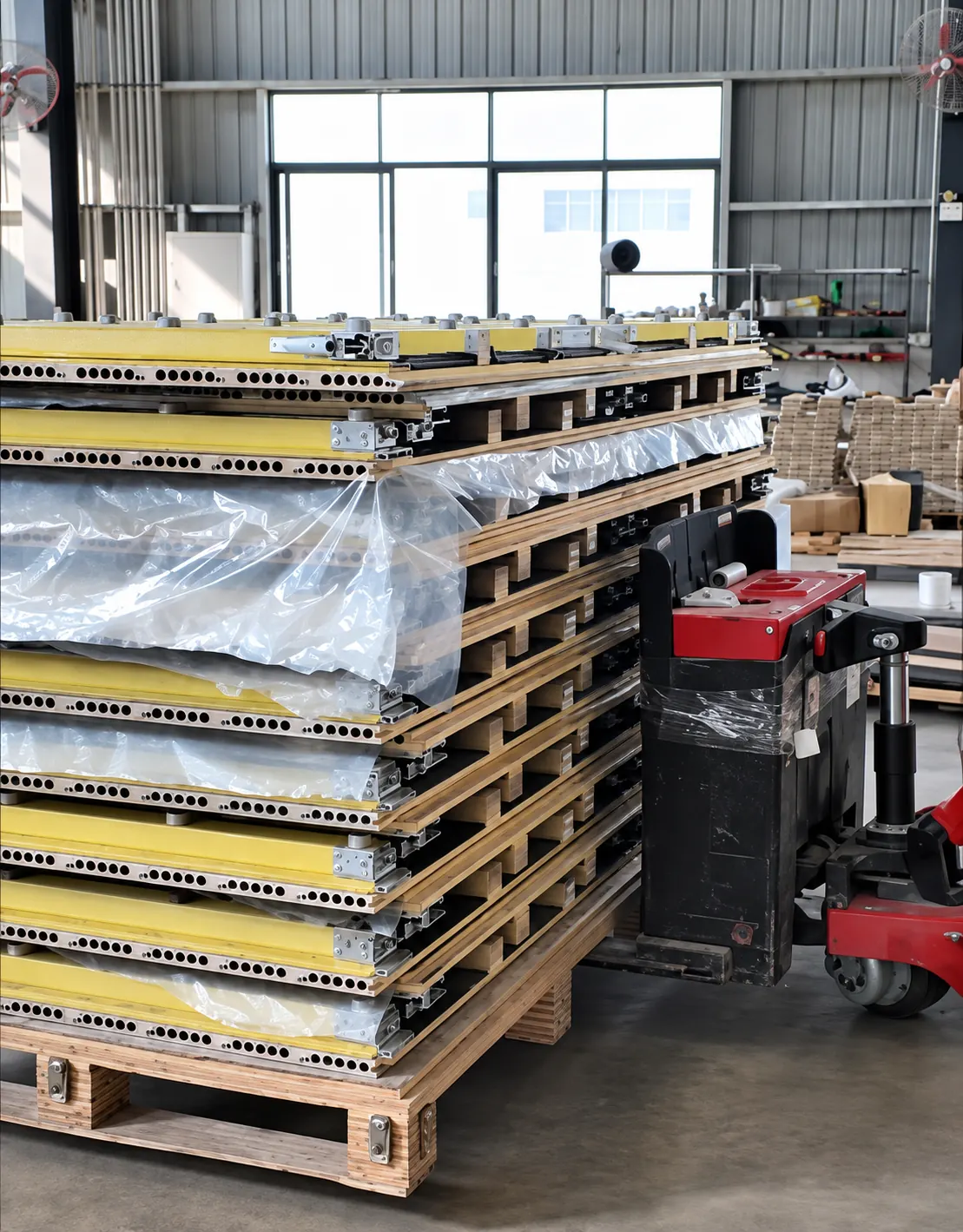 Stacked hardwood flooring panels for quality inspection